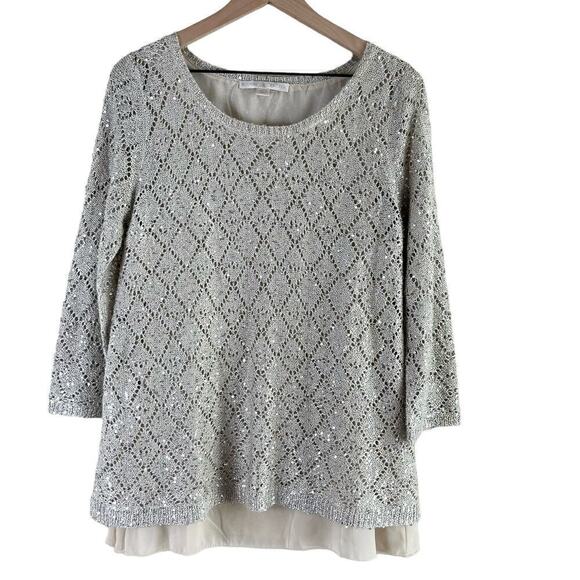 Boston Proper Sequin Embellished Open Knit Sweater Chiffon Lining in Cream, Sz M - Picture 1 of 11